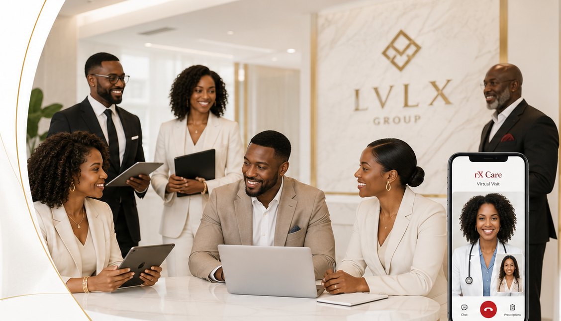 Professionals meeting in an LVLX Group lobby, with an rX Care virtual visit open on a phone.